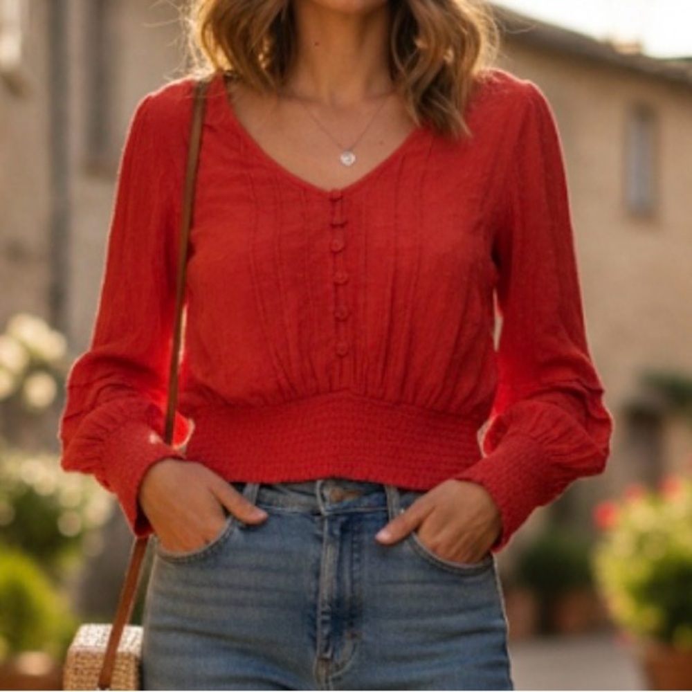 Elegant Red V-Neck Buttoned Blouse